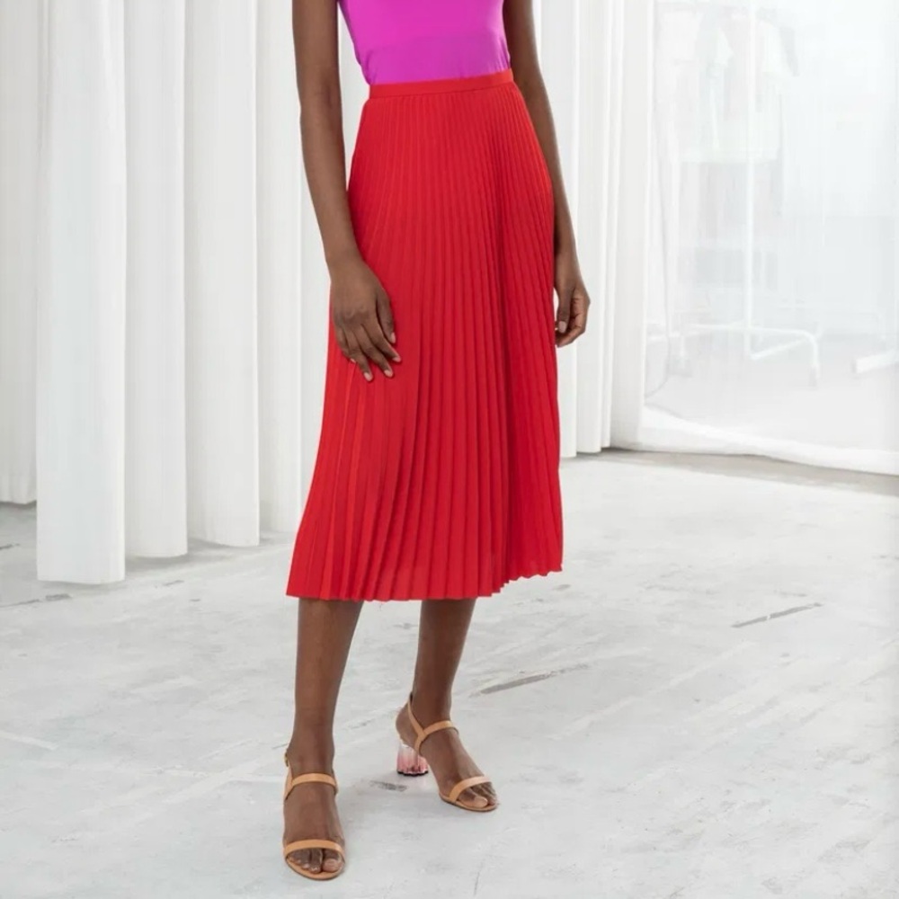 & Other Stories Red Pleated Midi Skirt